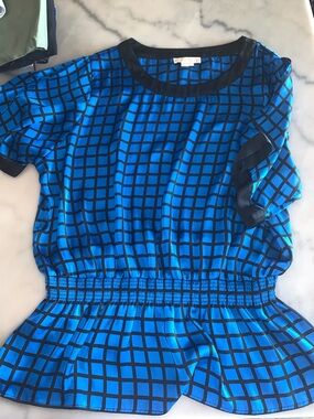 MICHAEL Michael Kors Blue Grid-Print Blouse with Black Trim